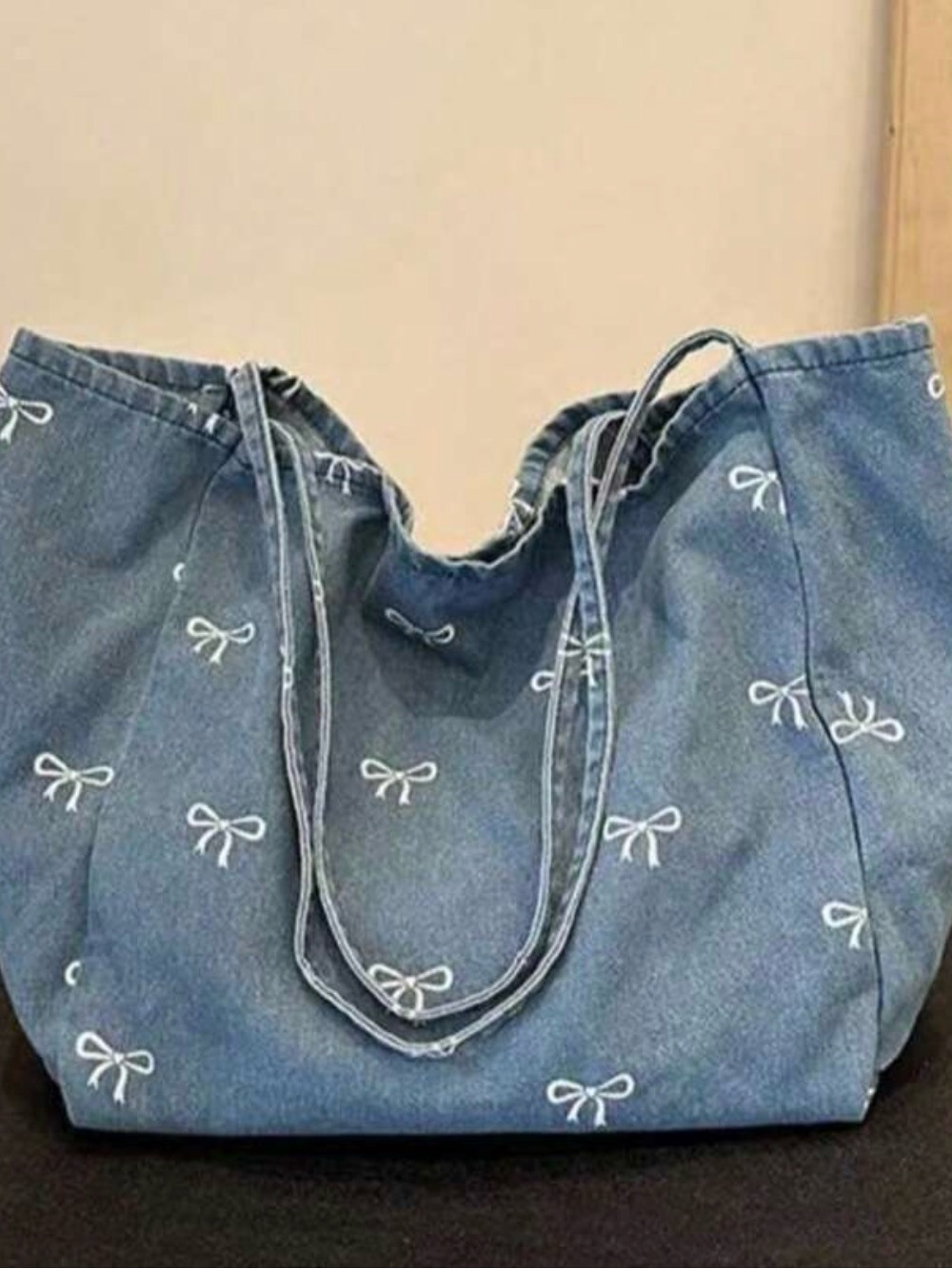 Denim Bow-Print Blue Tote Bag with Double Shoulder Straps